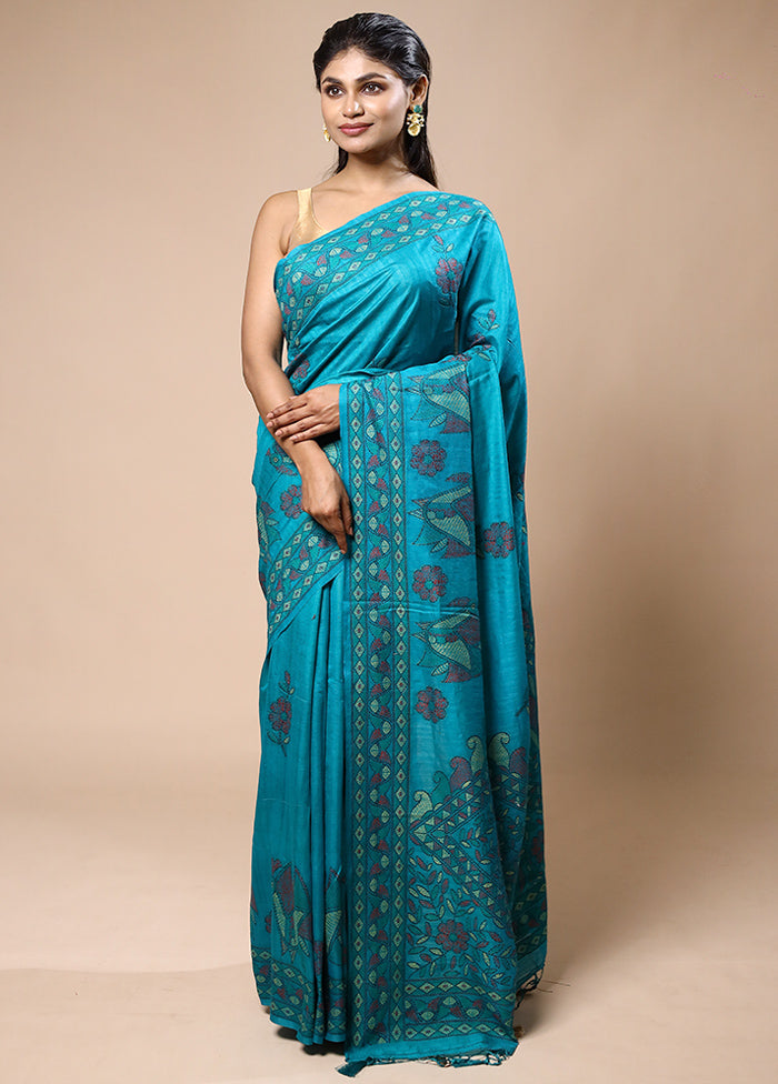 Blue Dupion Silk Saree With Blouse Piece Extremely Cheap Online