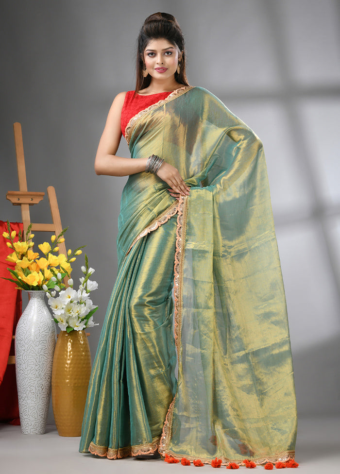 Green Spun Silk Saree With Blouse Piece Outlet Store Cheap Online