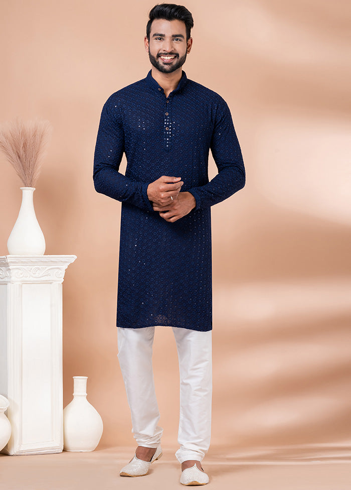 Navy Blue Silk Kurta And Pajama Set Supply