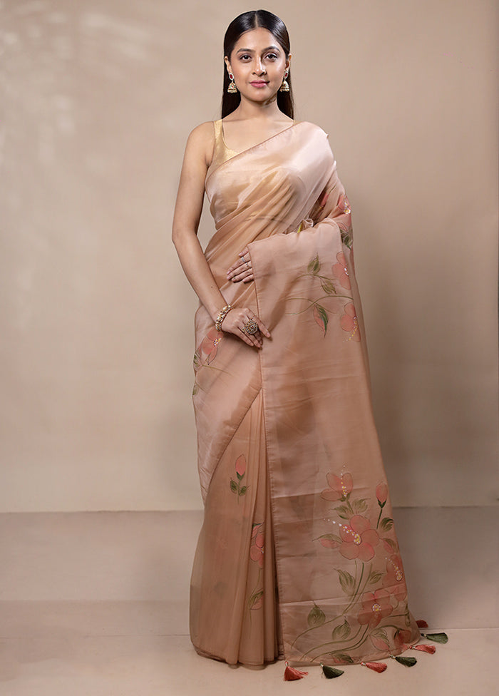 Cream Organza Saree With Blouse Piece Cheap Sale Store