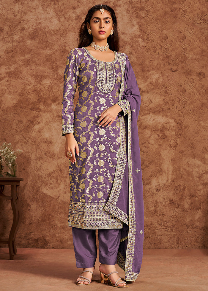 3 Pc Lavender Semi Stitched Silk Suit Set Recommend Cheap Pice