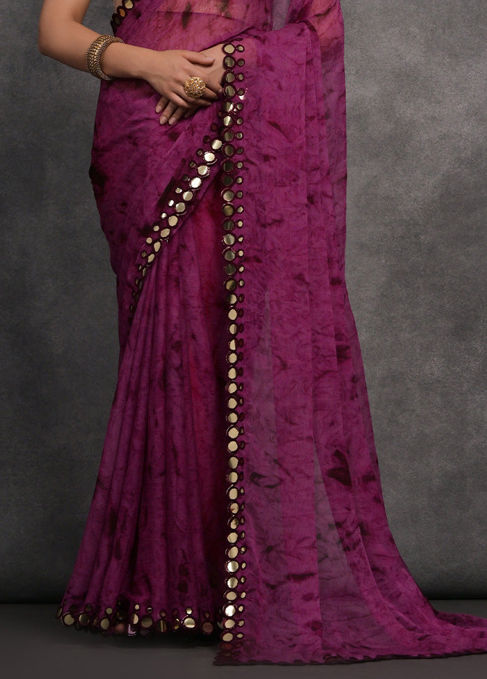 Purple Chiffon Silk Saree With Blouse Piece Clearance Store For Sale