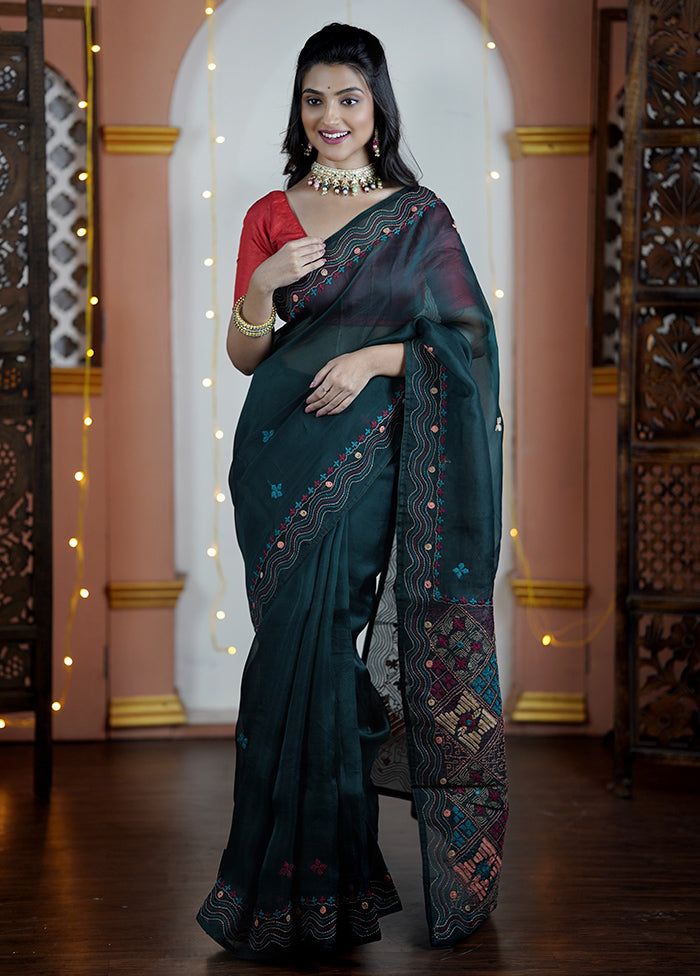 Green Handloom Pure Organza Saree With Blouse Piece Outlet Finishline