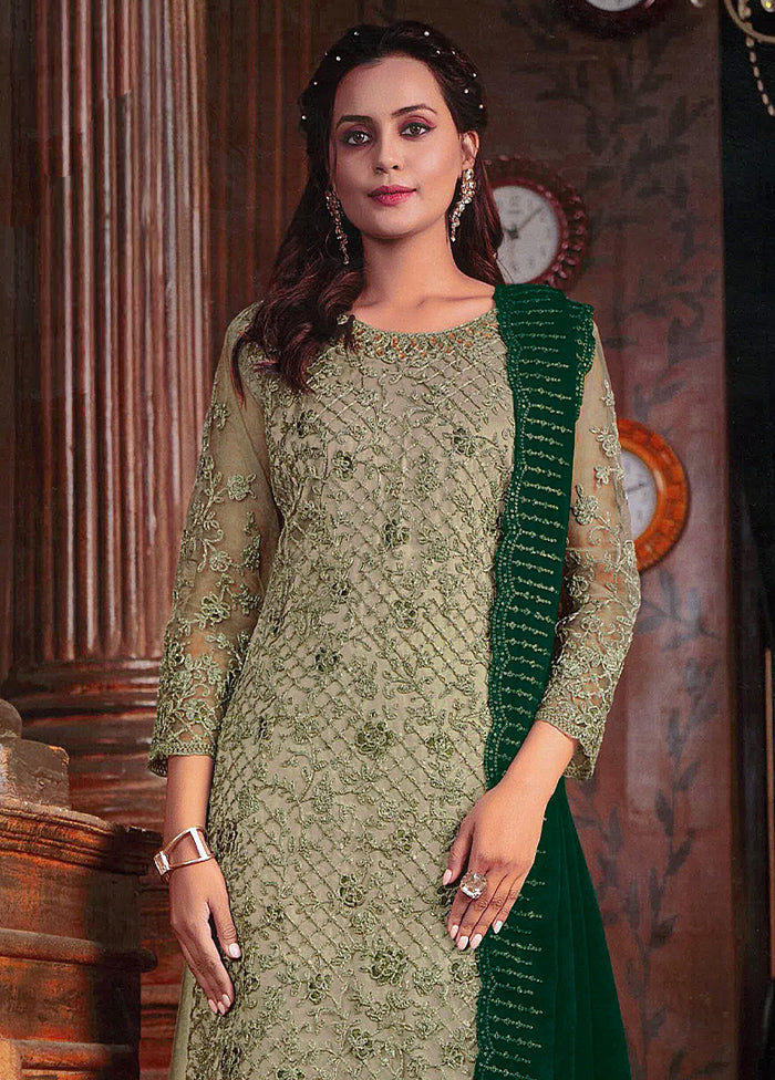 3 Pc Pista Green Semi Stitched Net Suit Set Clearance Online Fake