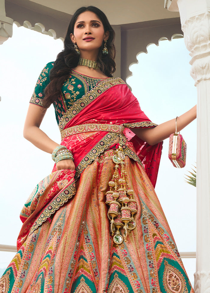 3 Pc Multicolor Silk Semi Stitched Lehenga Set Online Online High Quality