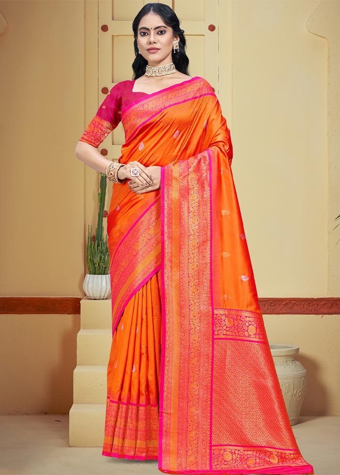 Orange Dupion Silk Saree With Blouse Piece Sale Manchester Great Sale