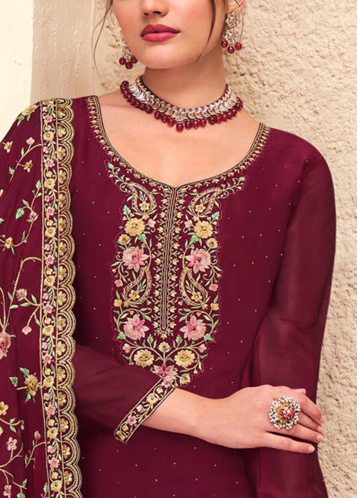 3 Pc Maroon Semi Stitched Georgette Suit Set Cheap Sale Genuine