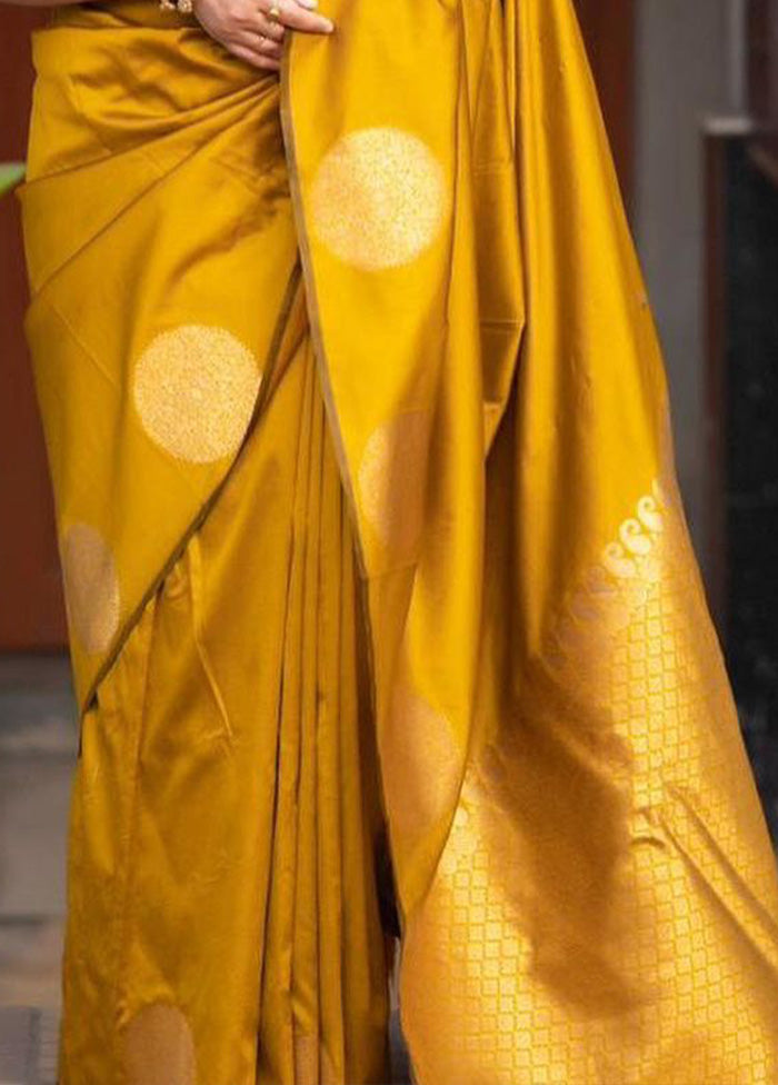 Yellow Banarasi Silk Saree With Blouse Piece Quality Free Shipping Low Pice