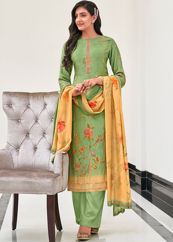 3 Pc Green Unstitched Pure Silk Suit Set Lowest Pice