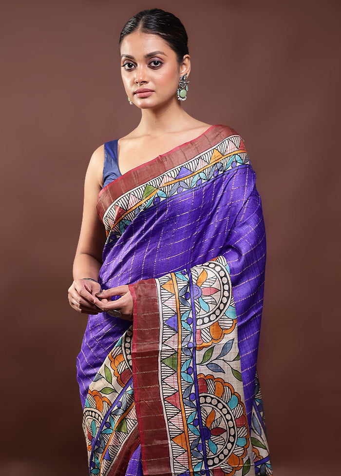 Blue Handloom Tussar Pure Silk Saree With Blouse Piece With Credit Card Free Shipping