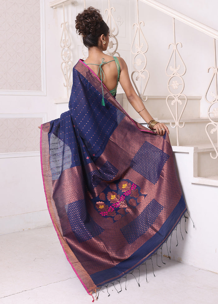 Navy Blue Pure Cotton Saree With Blouse Piece Clearance Official Site