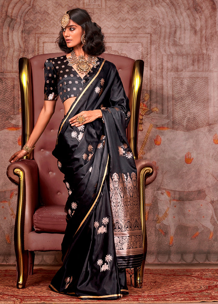 Black Spun Silk Saree With Blouse Piece Newest