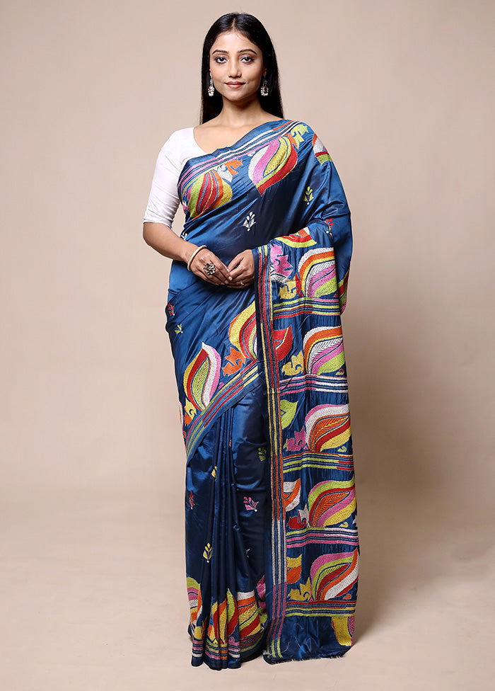 Blue Kantha Stitch Silk Saree With Blouse Piece Cheap Sale Lowest Pice