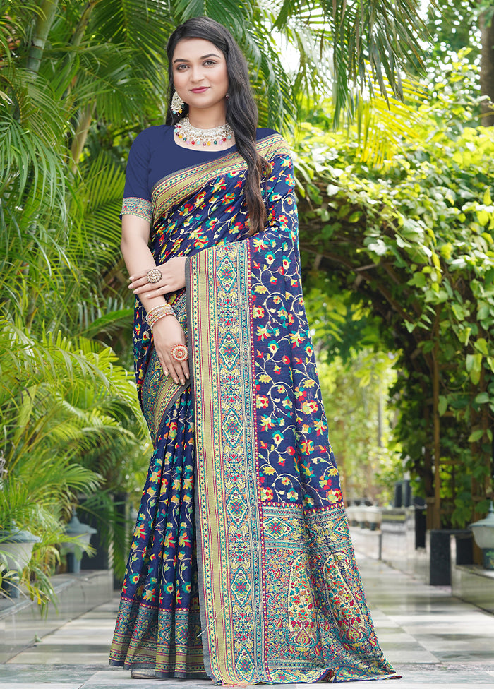 Navy Blue Pasmina Silk Saree With Blouse Piece For Sale 2025