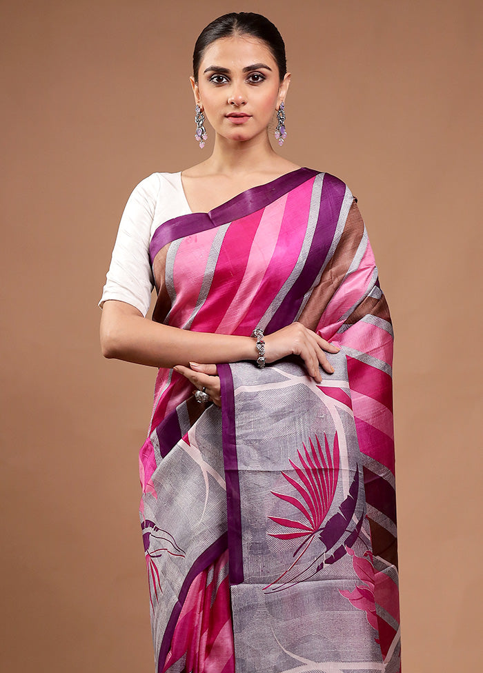 Pink Printed Pure Silk Saree Without Blouse Piece Free Shipping Shop Offer