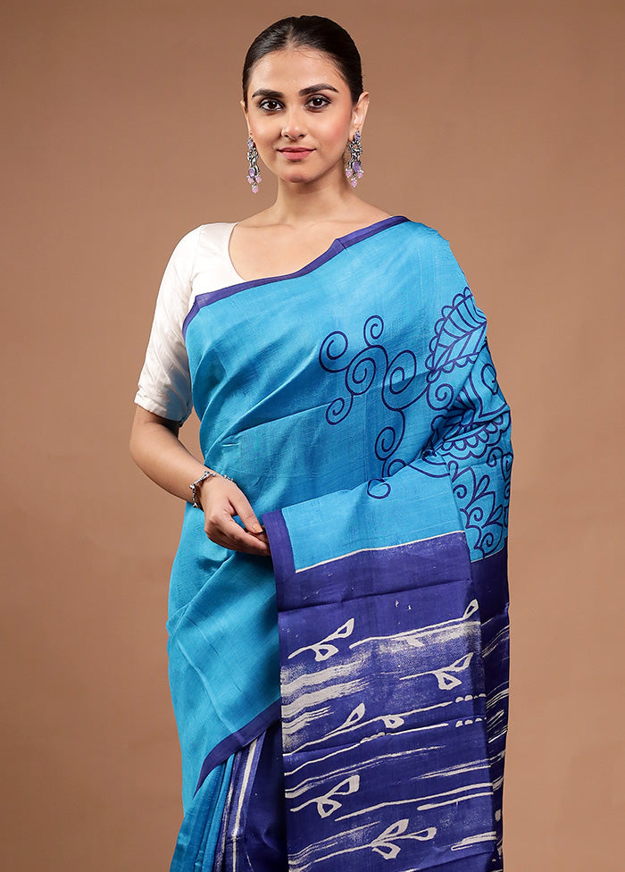 Blue Printed Pure Silk Saree Without Blouse Piece Free Shipping Looking For