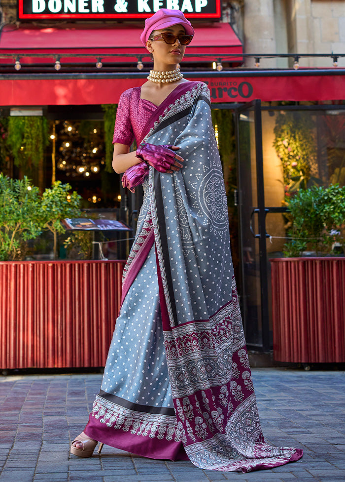 Grey Satin Silk Saree With Blouse Piece Outlet Low Pice Fee Shipping