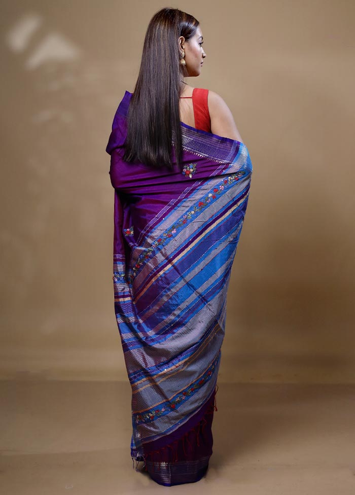 Violet Handloom Tussar Pure Silk Saree With Blouse Piece Best Place Sale Online