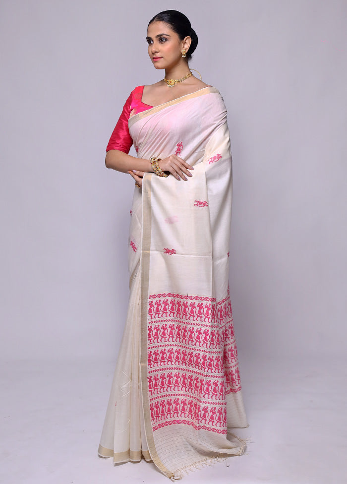 White Handloom Tussar Pure Silk Saree With Blouse Piece Buy Cheap Perfect