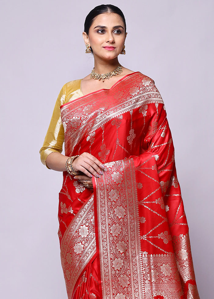 Red Banarasi Silk Saree With Blouse Piece Cheap Finishline