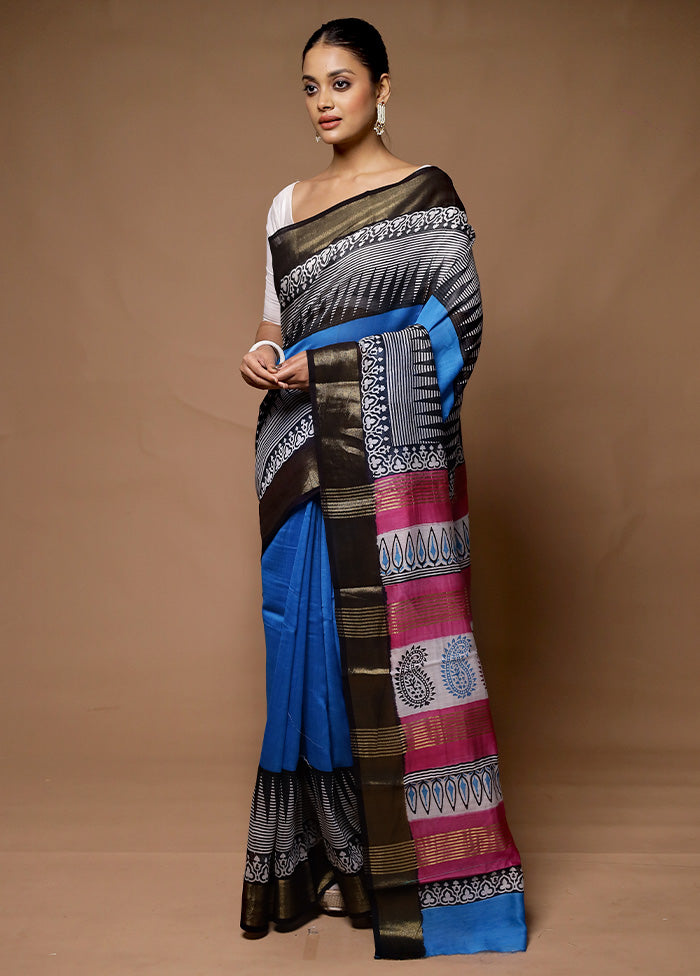 Blue Chanderi Cotton Saree With Blouse Piece Cheap Sale For Cheap