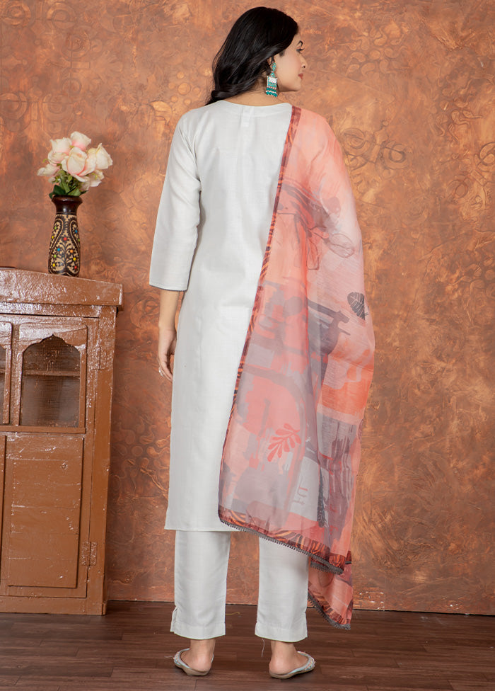 3 Pc Grey Readymade Cotton Dupatta Suit Set Cheap Sale