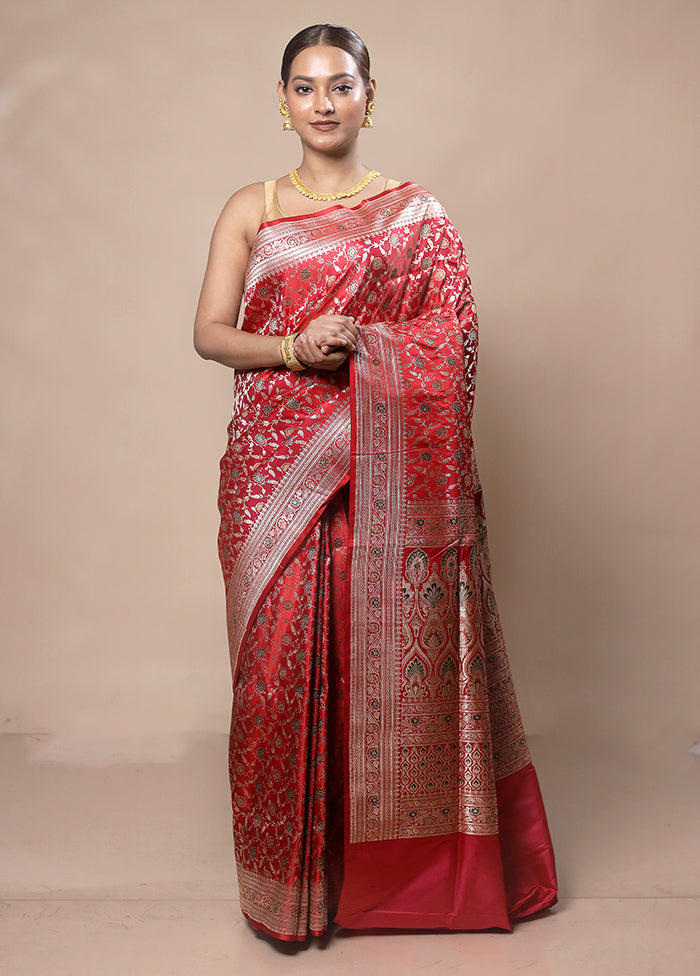 Red Handloom Banarasi Pure Silk Saree With Blouse Piece Free Shipping Official