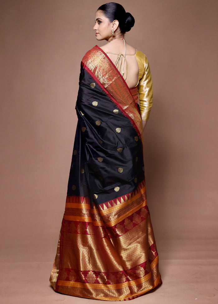 Black Handloom Kanchipuram Pure Silk Saree With Blouse Piece Cheapest Pice Sale Online