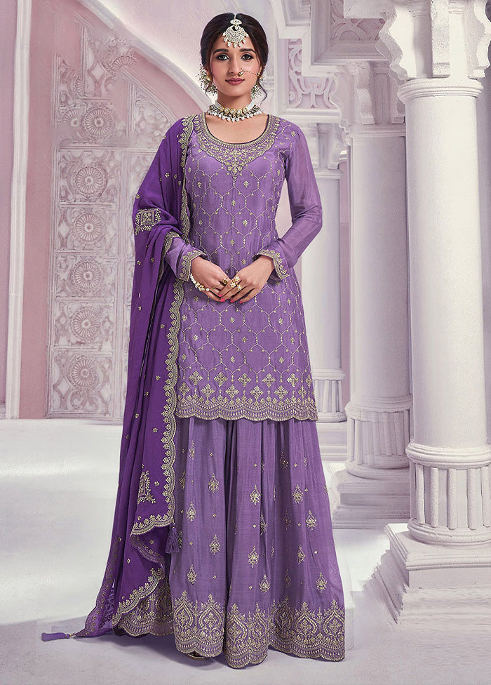 3 Pc Violet Semi Stitched Silk Dupatta Suit Set Latest Sale Online