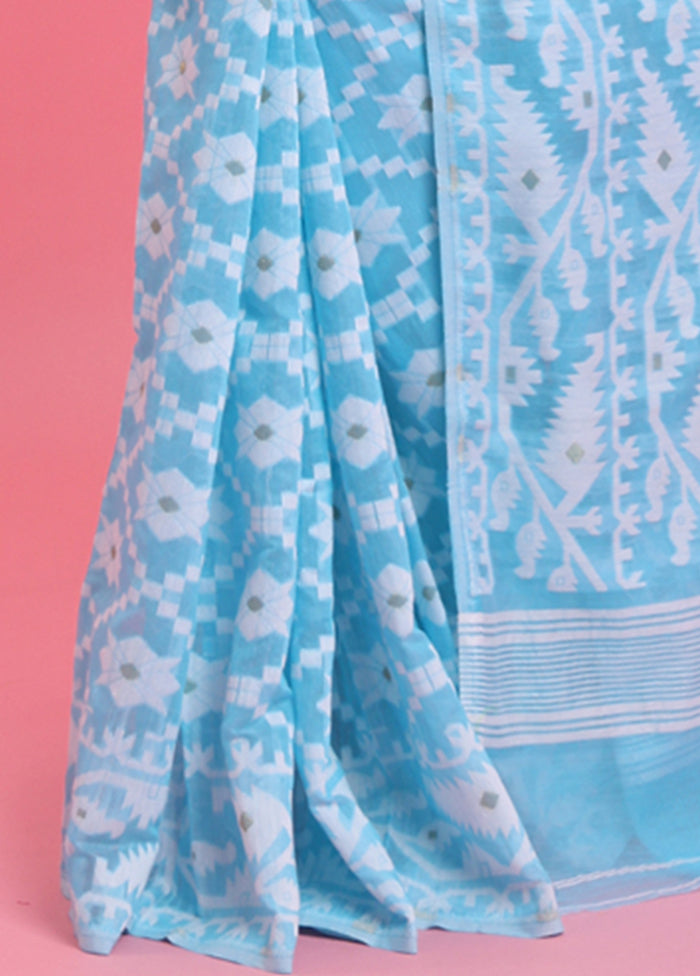 Sky Blue Cotton Woven Work Saree Without Blouse Piece Cheap Sale Huge Surprise