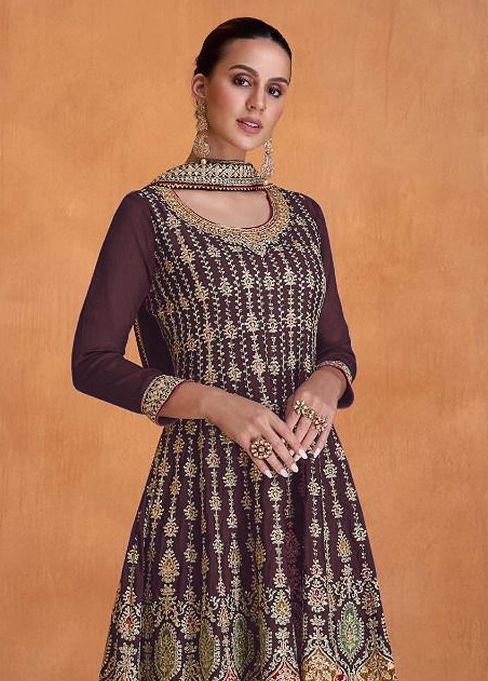 3 Pc Brown Semi Stitched Georgette Suit Set Reliable