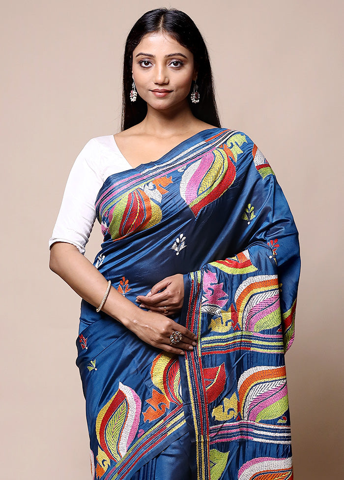 Blue Kantha Stitch Silk Saree With Blouse Piece Cheap Sale Lowest Pice