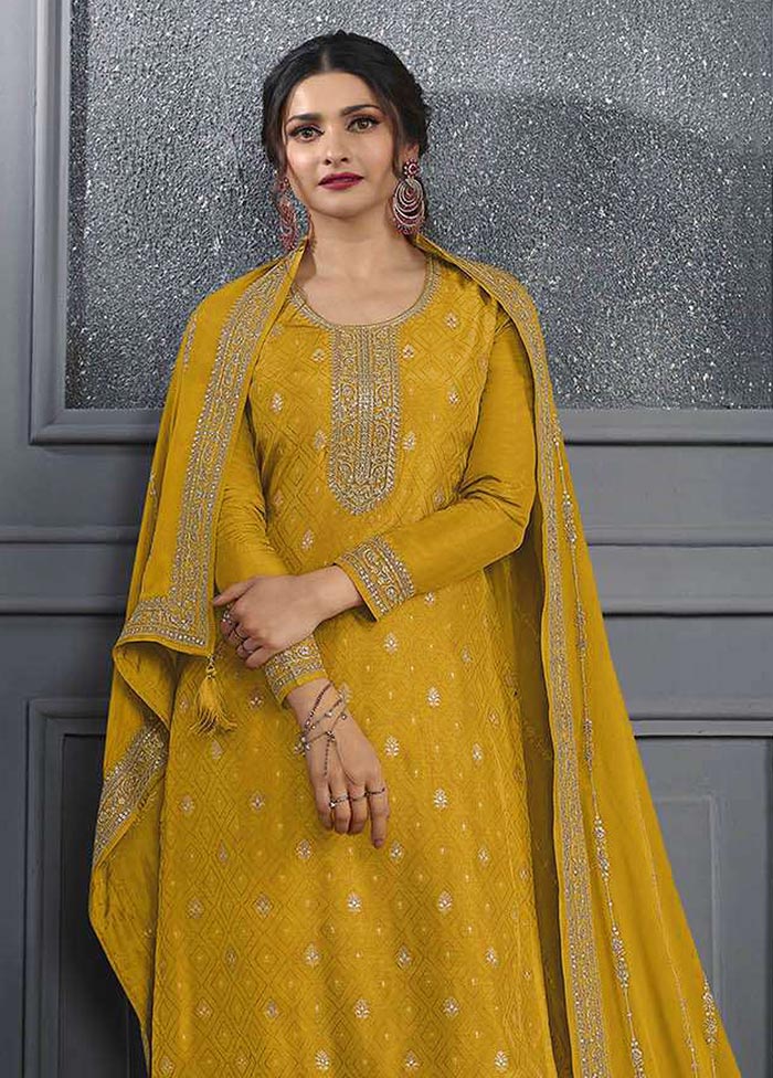 3 Pc Yellow Semi Stitched Silk Suit Set Amazon Cheap Online