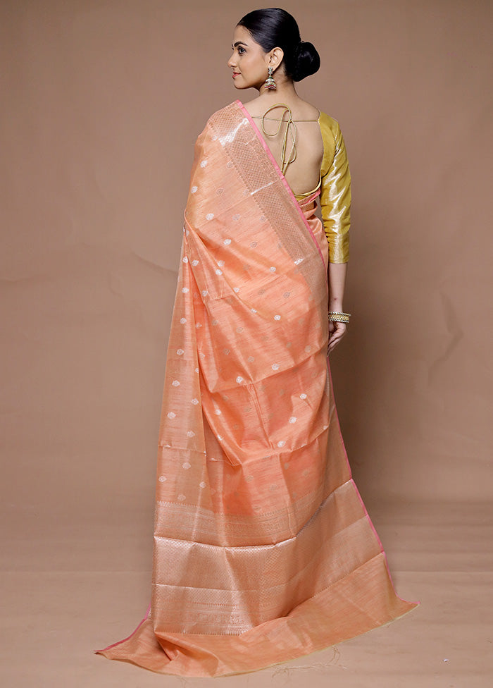 Peach Kora Silk Saree With Blouse Piece Cheap Fake