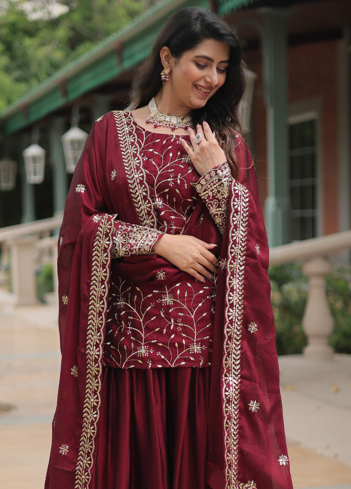 3 Pc Maroon Readymade Silk Suit Set Cheap Discounts