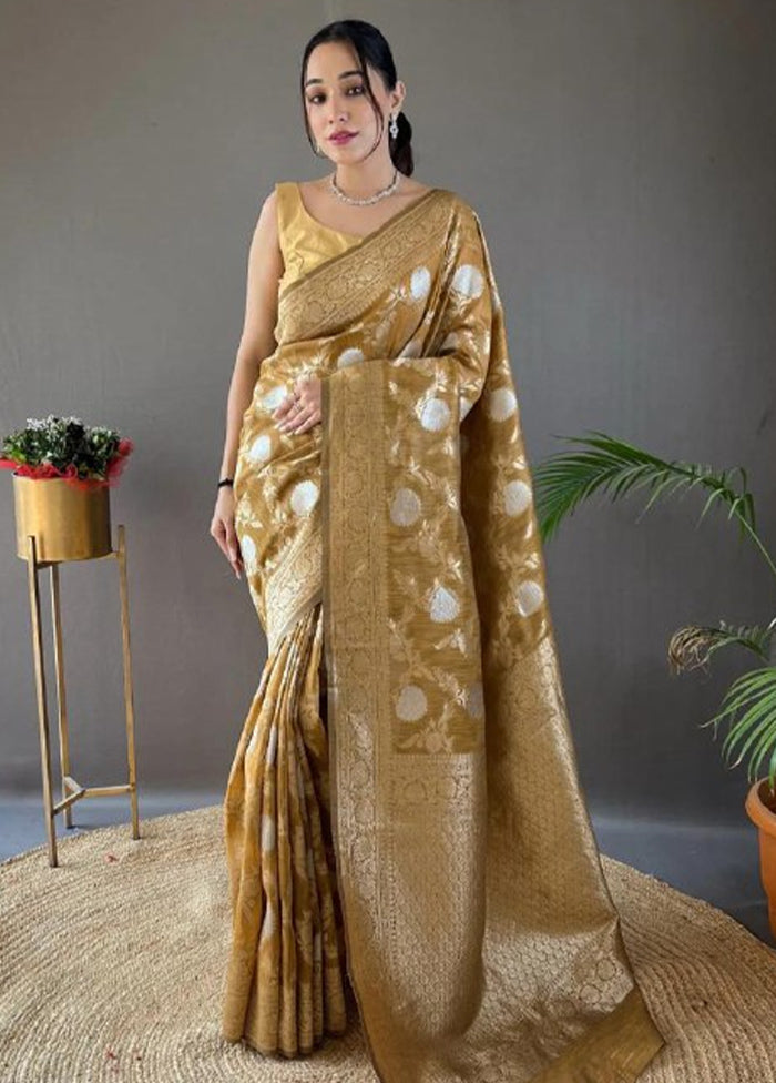 Chiku Banarasi Silk Saree With Blouse Piece With Mastercard For Sale