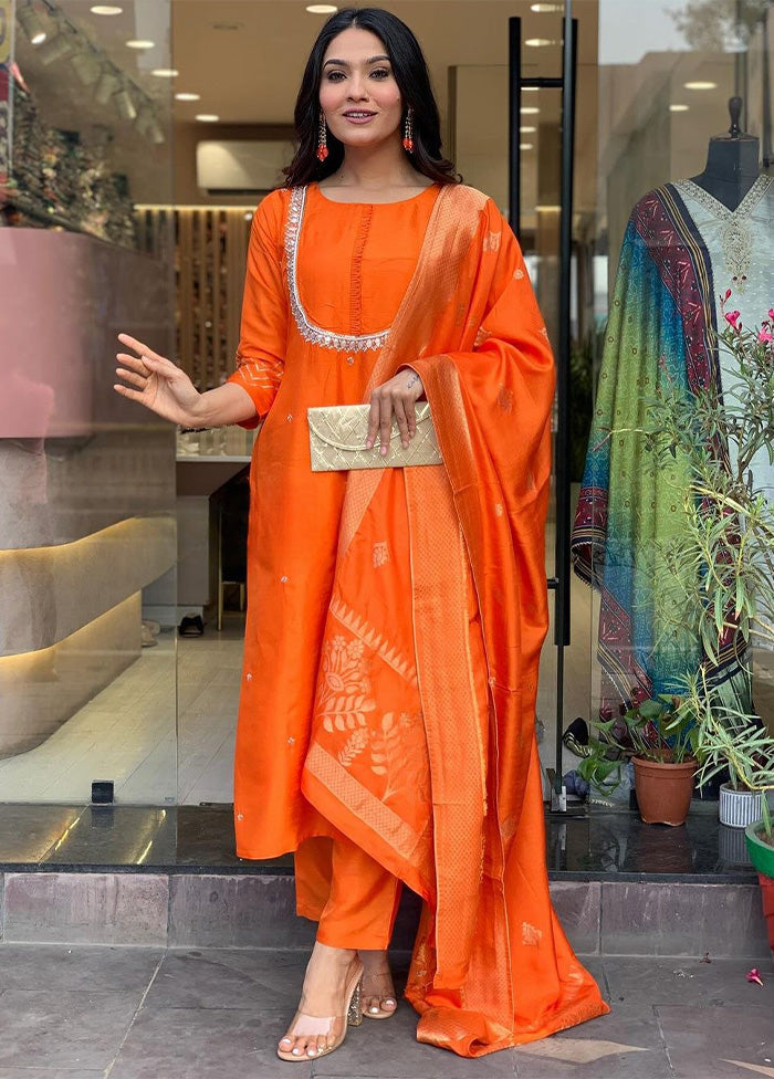 3 Pc Orange Readymade Viscose Dupatta Suit Set Footlocker Pictures Cheap Online