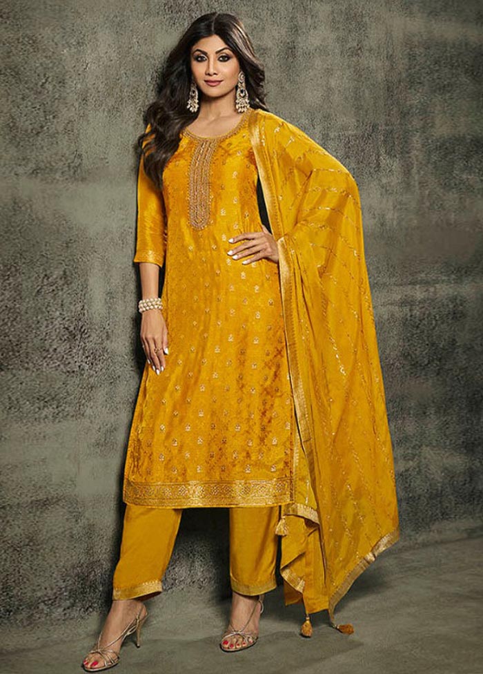 3 Pc Mustard Semi Stitched Viscose Suit Set Sale Free Shipping