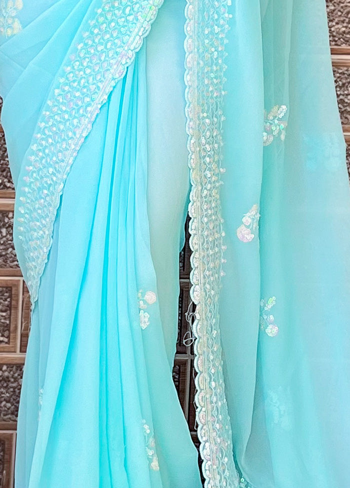 Sky Blue Georgette Saree With Blouse Piece Footlocker Pictures