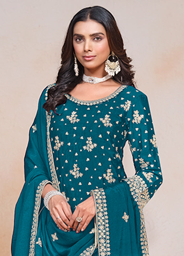 3 Pc Teal Semi Stitched Silk Suit Set Cheap Sale The Cheapest