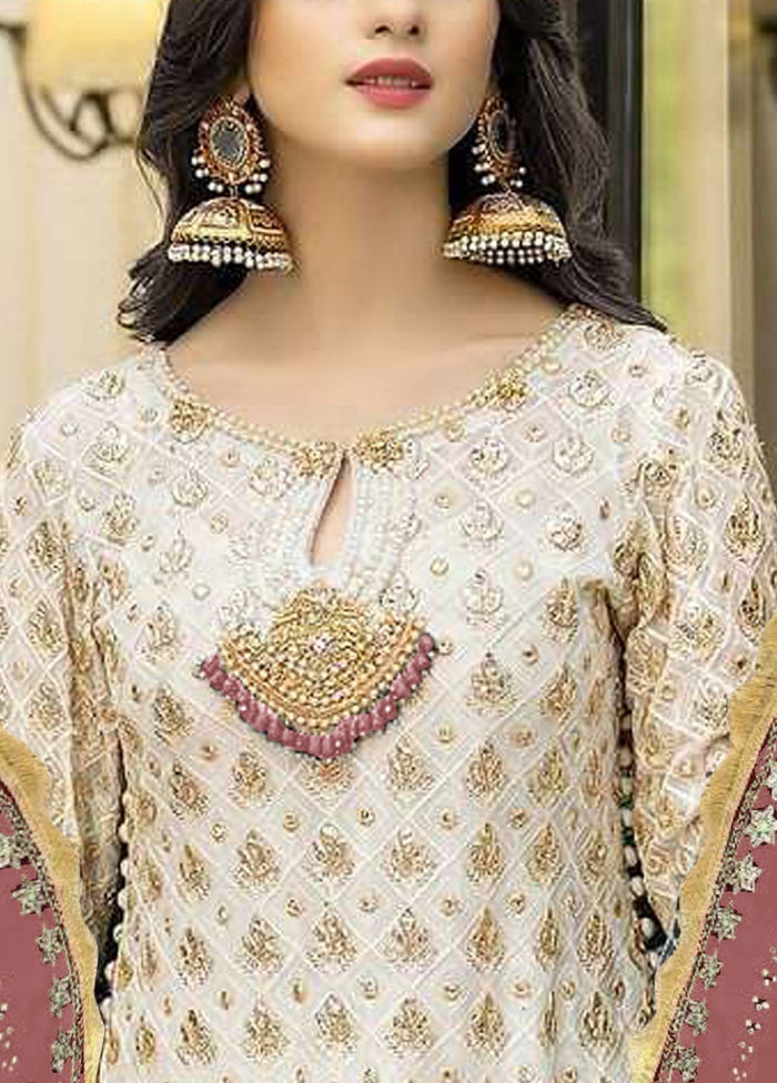 3 Pc Cream Semi Stitched Georgette Suit Set Outlet 2025 Unisex