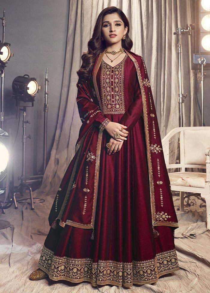 3 Pc Maroon Semi Stitched Silk Suit Set Outlet Collections