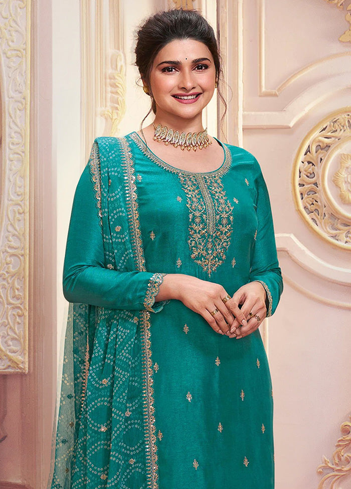 3 Pc Sea Green Semi Stitched Georgette Suit Set Sale 100% Original