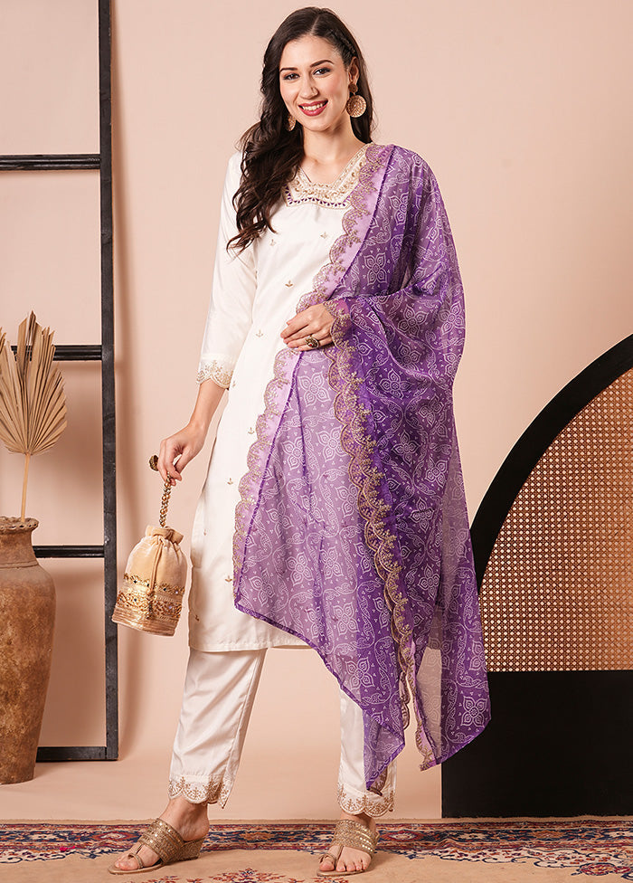 3 Pc Off White Readymade Silk Dupatta Suit Set Wiki Sale Online