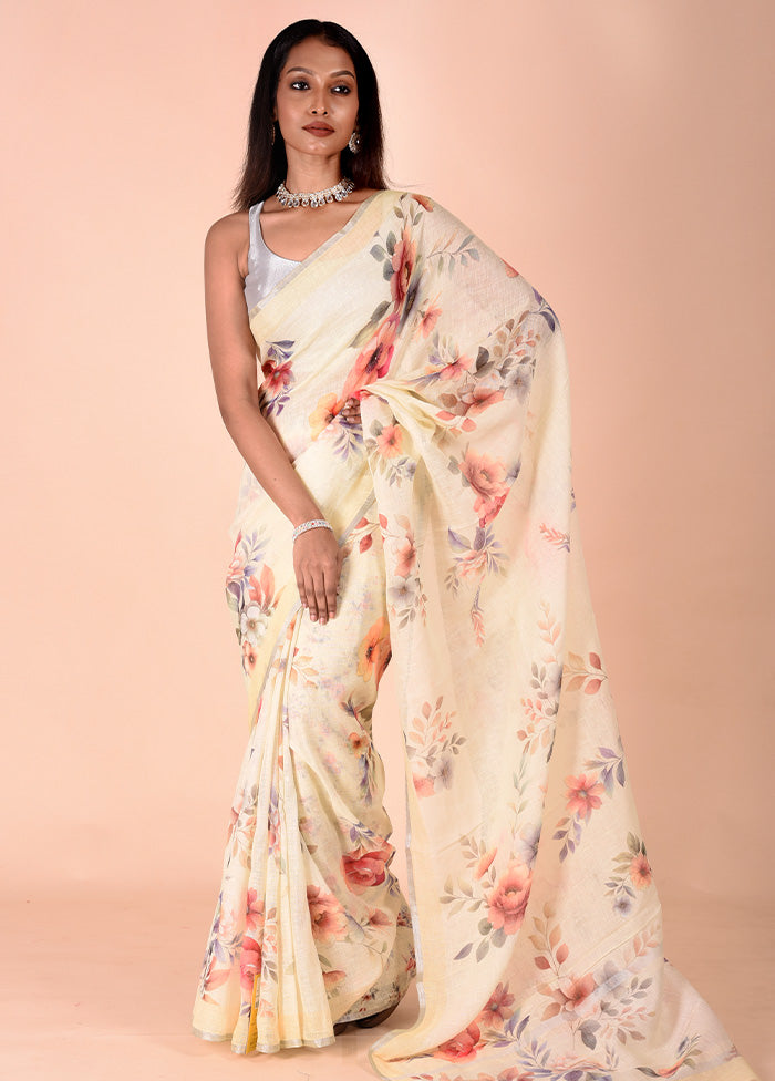 Cream Linen Silk Saree With Blouse Piece Websites For Sale