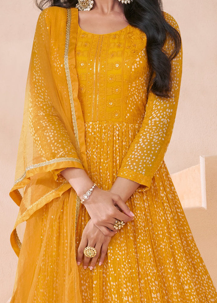 3 Pc Yellow Semi Stitched Georgette Suit Set Clearance High Quality