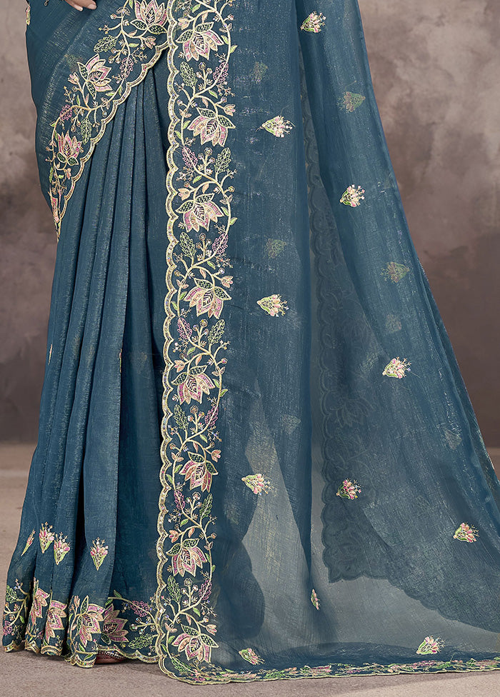 Blue Spun Silk Saree With Blouse Piece Supply Sale Online