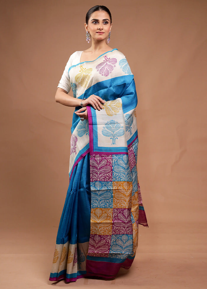 Blue Printed Pure Silk Saree Without Blouse Piece Sale High Quality