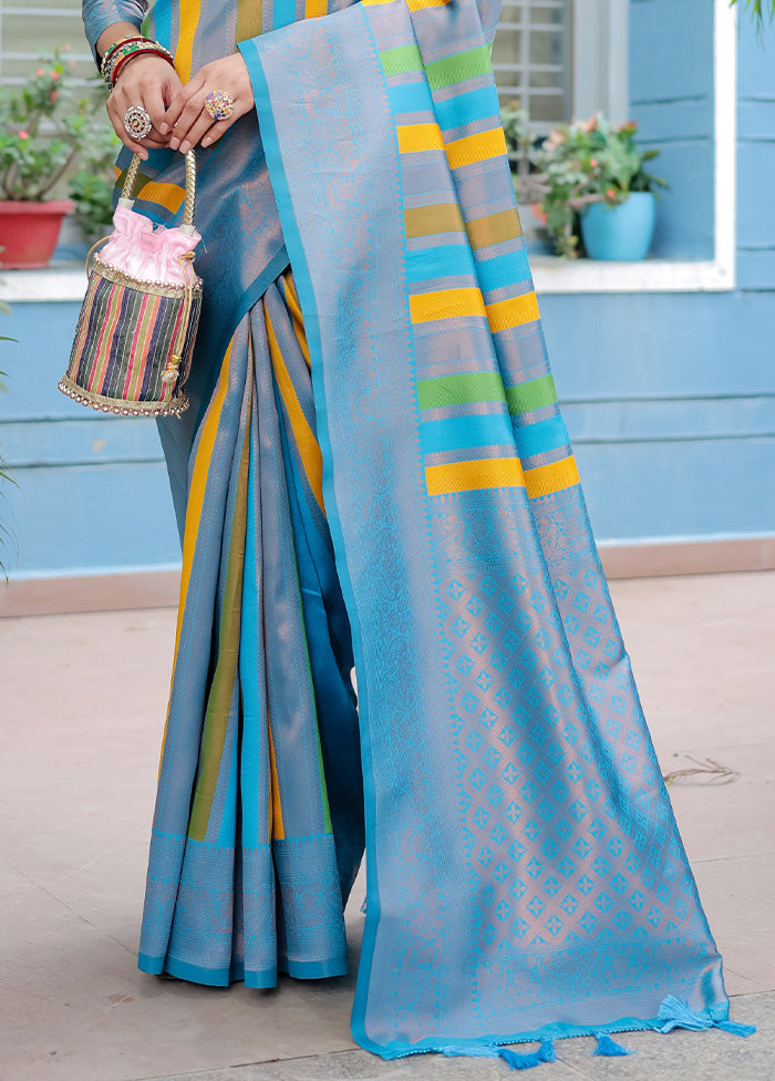 Sky Blue Kanjivaram Silk Saree With Blouse Piece Clearance Explore