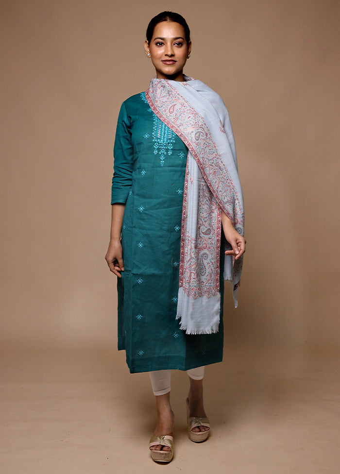 Blue Butta Work With Zari Woven Border Shawl Outlet